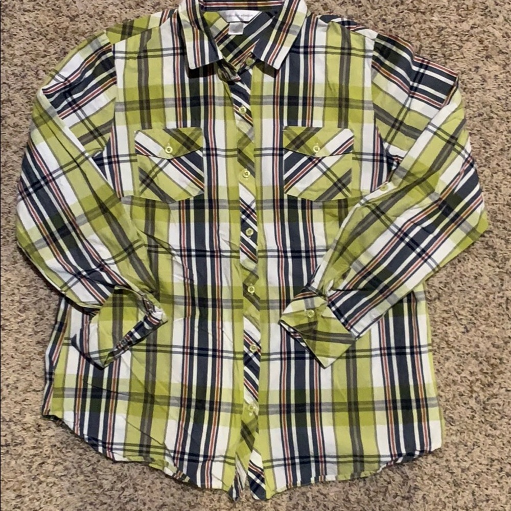 L green plaid button down shirt